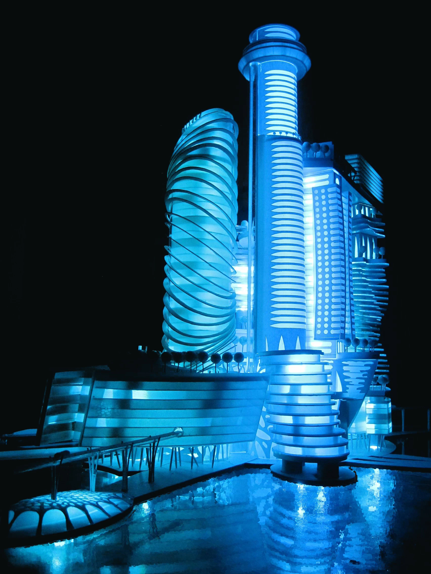 The artificial island would feature a 984 ft (300 m) high Space Hotel which promises to include "the world's first zero-gravity spa"