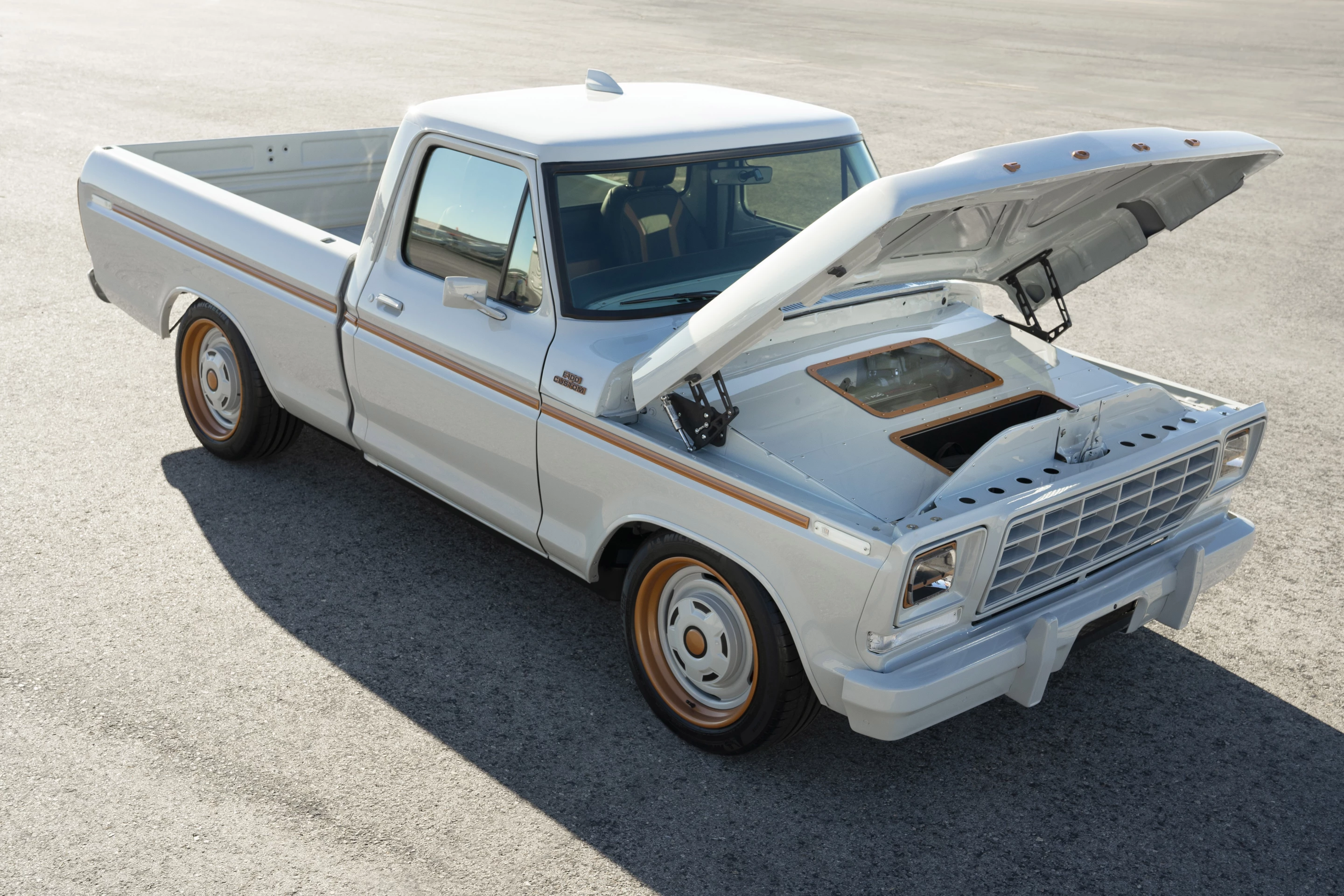 Ford has introduced an electrified version of its heritage F-100 featuring its new e-crate motor