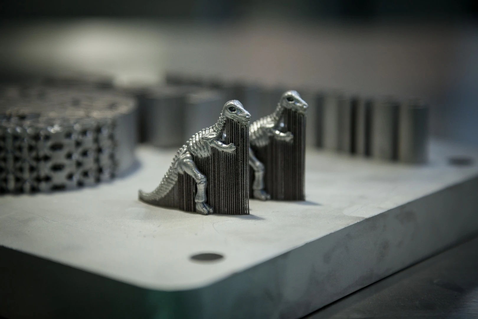 Demo print from the Concept Laser machine, showing support structures that break off to allow complex shapes to be built
