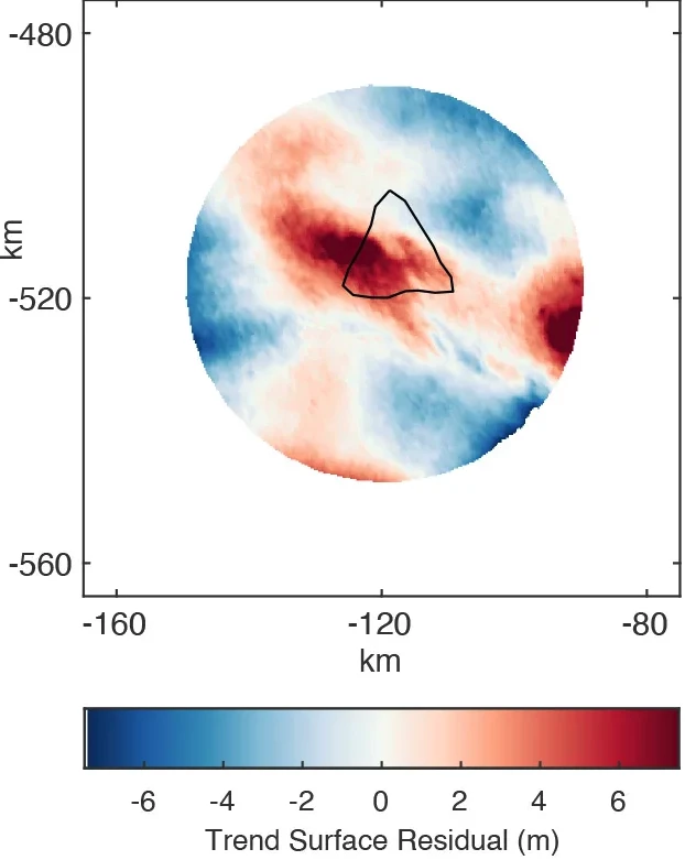 A chart illustrating the height differences in the surface of the ice cap. The black outline is the region proposed to house the underground lake according to radar measurements.