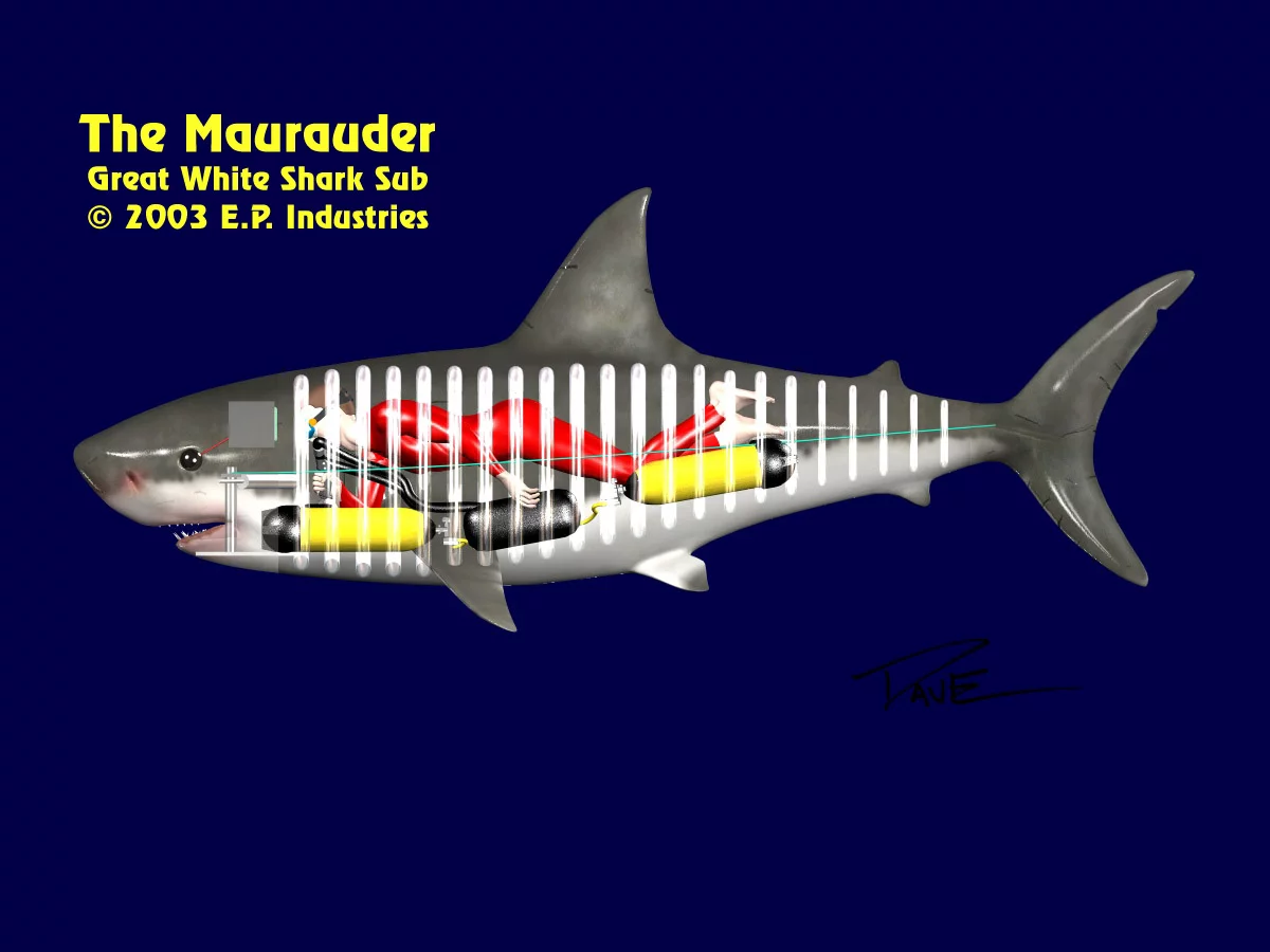 The Marauder: a mechanical shark large enough to house a diver