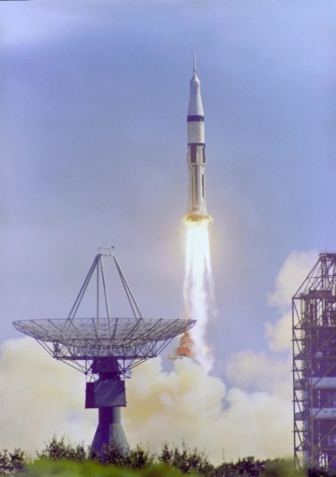 The Apollo 7 Saturn IB space vehicle is launched from the Kennedy Space Center's Launch Complex 34 at 11:03 a.m. October 11, 1968