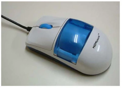 When not in use the blood pressure monitor is stowed away inside the body of the optical mouse