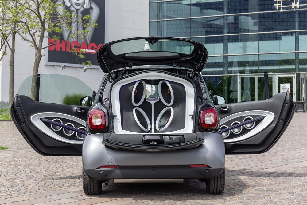 The Smart Forgigs concept car has five amplifiers, 16 loudspeakers and two 30-cm (11.8-in) diameter subwoofers