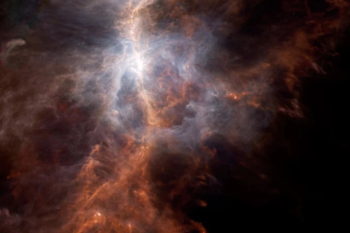 The dusty side of the Sword of Orion is illuminated in this infrared image from the European Space Agency's Hershel Space Observatory