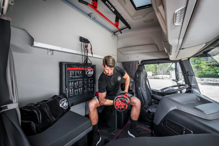 Onboard Iveco's Fit Cab concept is a package with an assortment of resistance bands, sliders and weights