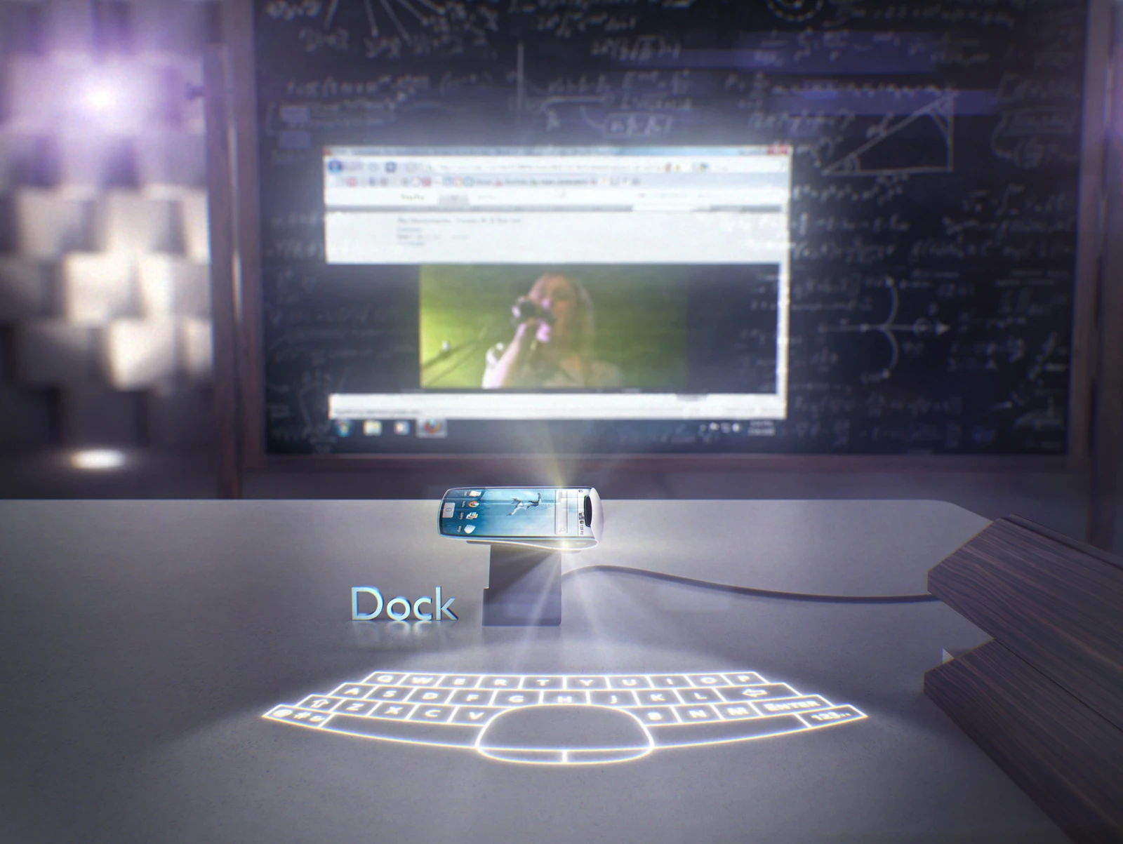 A dock allows the projectors to display the screen and a virtual keyboard