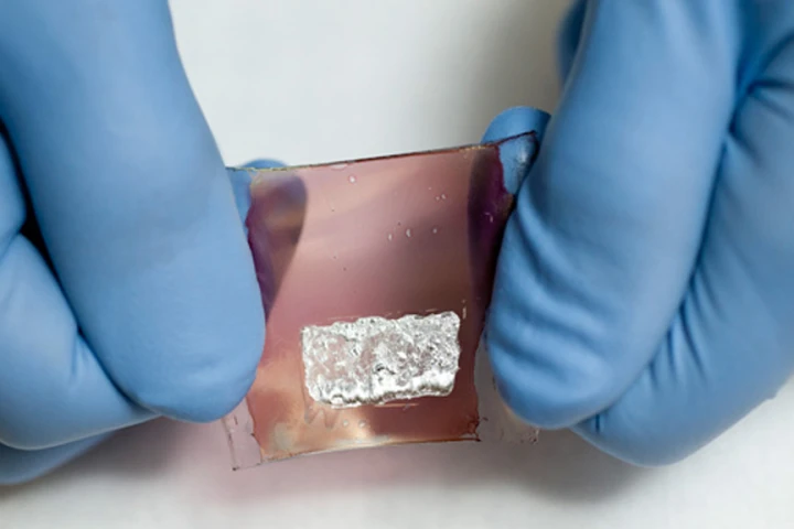 The flexible organic transistor, made with flexible polymers and carbon-based materials, that forms the foundation for the artificial skin (Image: L.A. Cicero)