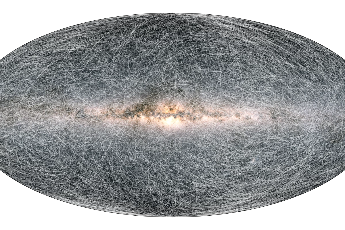 An image showing the proper motions of 40,000 Milky Way stars as they are estimated to travel over the next 1.6 million years, based on Gaia data