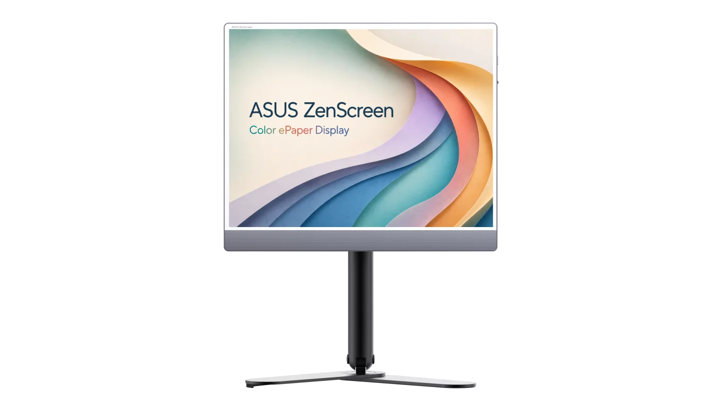 The Asus ZenScreen Color ePaper MP13UC is shown here paired with its highly adjustable, companion ergonomic desk stand