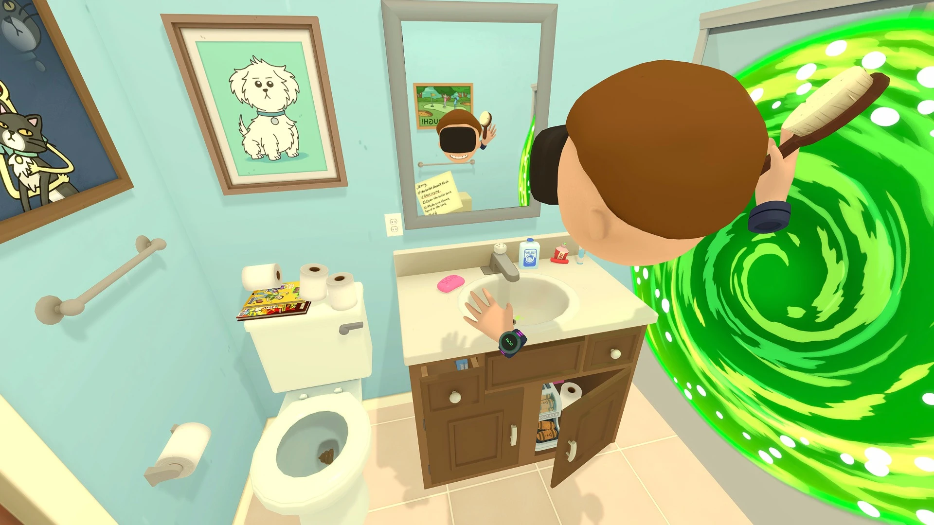 Stepping through a portal into another dimensions in order to ... visit the bathroom?