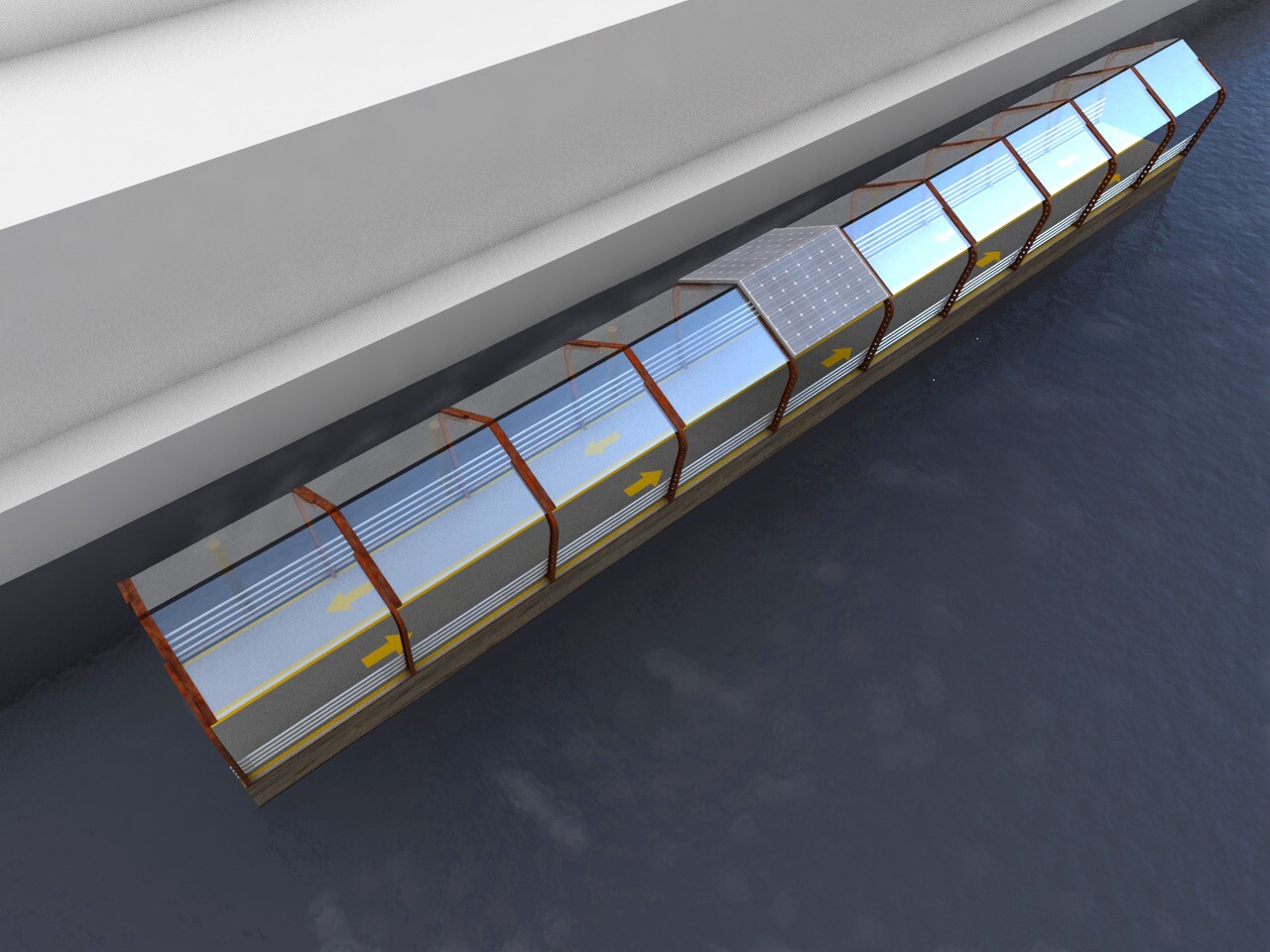 The sections of the RiverRide path would be prefabricated off-site and then floated into place on the river, before being connected together and secured with pilings driven into the riverbed
