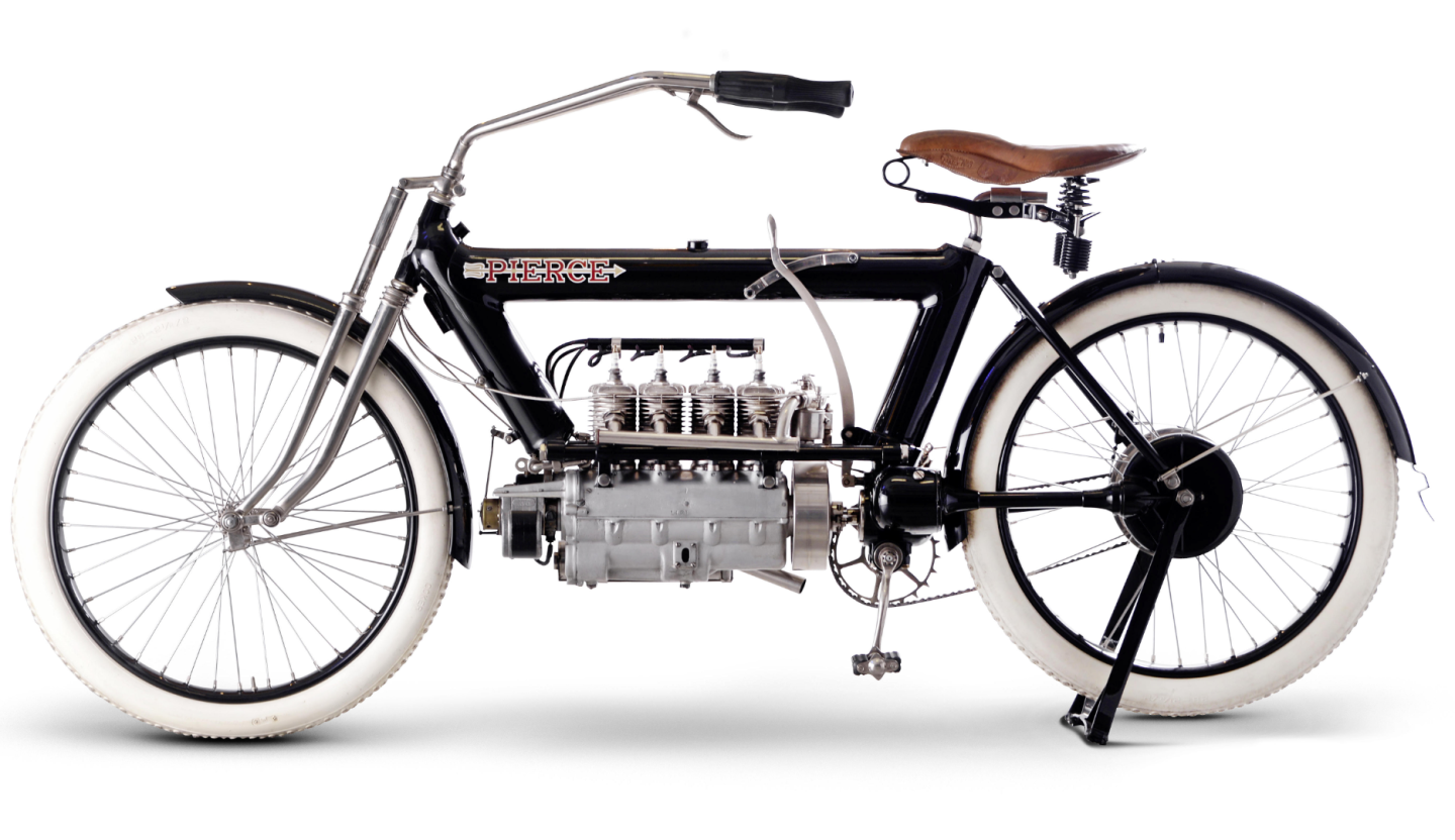 Pierce made America's first four-cylinder motorcycle, manufactured by the upmarket Pierce-Arrow Motor Car Company in Buffalo, New York. According to its makers, the Pierce would be "vibrationless, give motor car comfort and travel comfortably from a mere walking pace up to the speed of the motor car." It was not just its multi-cylinder engine that made the Pierce unusual; the frame too was novel, being constructed from 3½-inch diameter steel tubes that housed fuel and oil, and, like the FN, final drive was by shaft. Early models employed direct drive, but from 1910 onwards a two-speed gearbox was standard. Fast and well made, the Pierce soon had a string of city-to-city endurance race wins to its credit. The cost of the Pierce motorcycle ultimately led to its downfall. It cost $400 when production ceased in 1913, at which time the base Ford Model T automobile cost $525. Pierce fours are very rare and this example has been restored to a high standard. Some recent examples of this rare 1910 Pierce 688cc Four at auction include an original but completely unrestored 1909 Pierce Four which sold for US$161,000 at a Bonhams auction in San Francisco in November, 2007, a restored 1909 Pierce Four which sold for $115,500 in Las Vegas at the E.J. Cole Collection auction in March this year, and another restored 1911 Pierce Four which sold for £54,300 (US$89,638) at the Stafford Spring auction in April, 2011. This 1910 Pierce 688cc Four fetched £63,100 ($97,424) as lot 21 at Bonhams Lonatti Collection held on 17 October, 2015