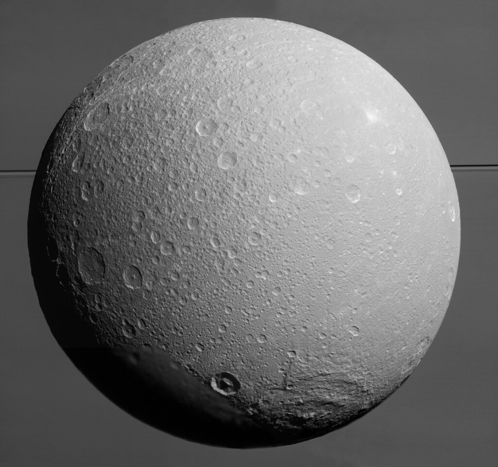 Nine clear spectral filter images were combined to create this mosaic of Dione