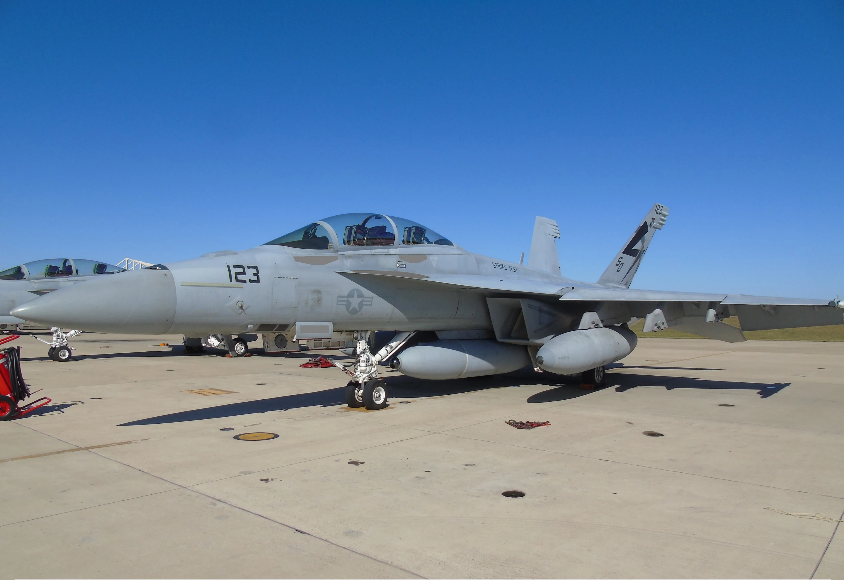 An F/A-18 Super Hornet equipped with a Block II Infrared Search and Track prepares for its first flight with the long-range sensor
