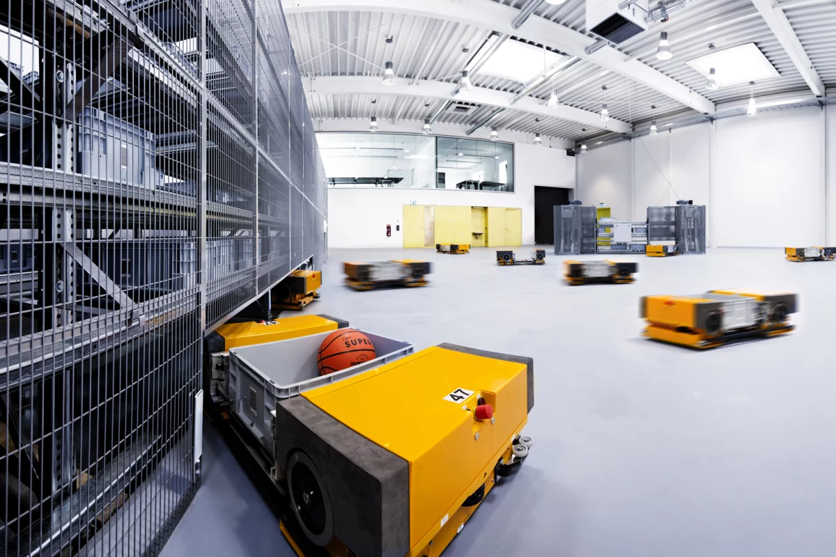 Fraunhofer's Multishuttle Moves robots, in the distribution center mock-up