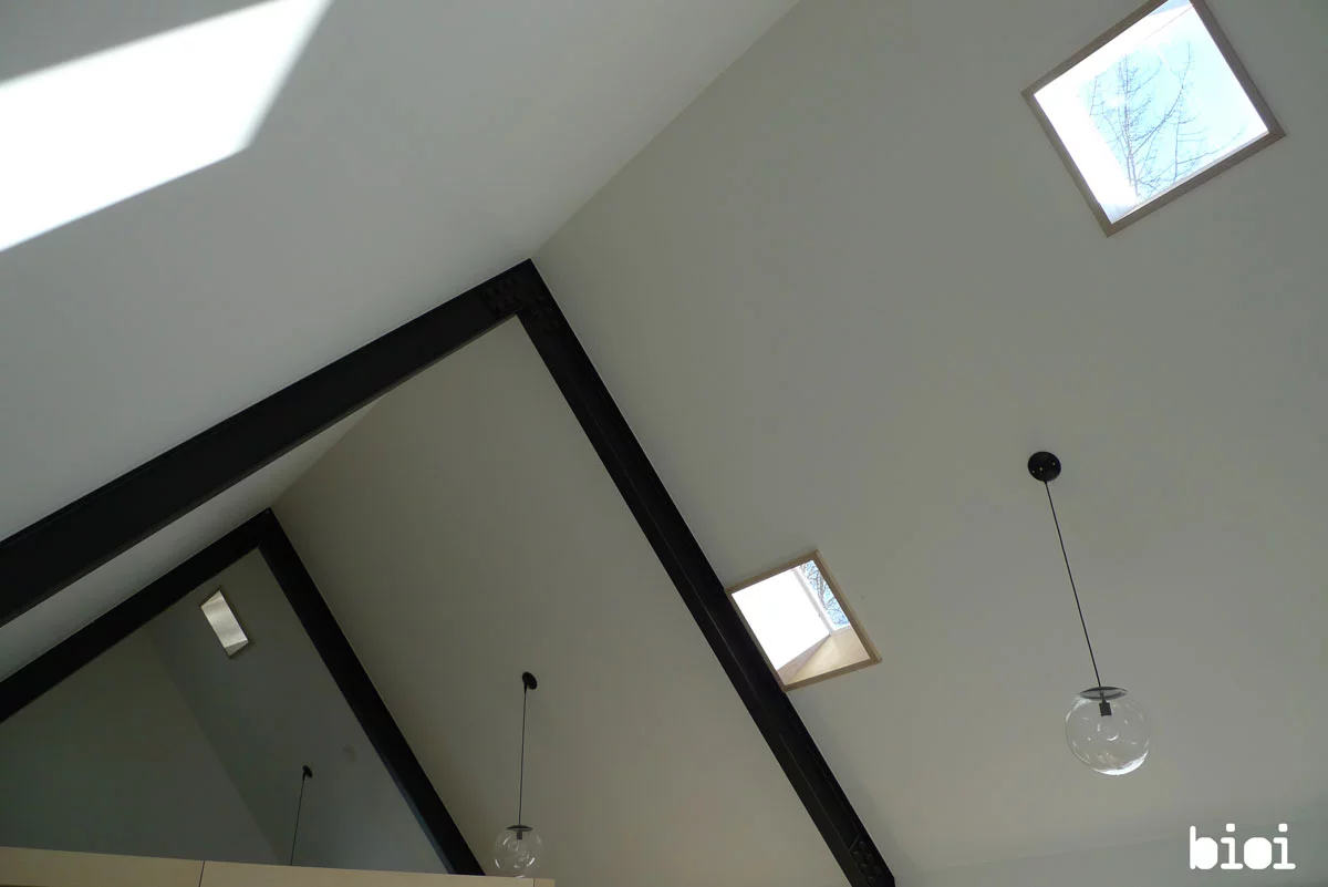 The structure is supported by two steel frames, creating the possibility for a single open interior space