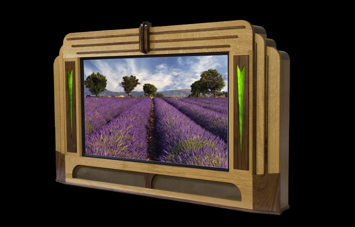 The Paris showcase in white oak and black walnut ... gives your flat screen TV a personality and style of its own