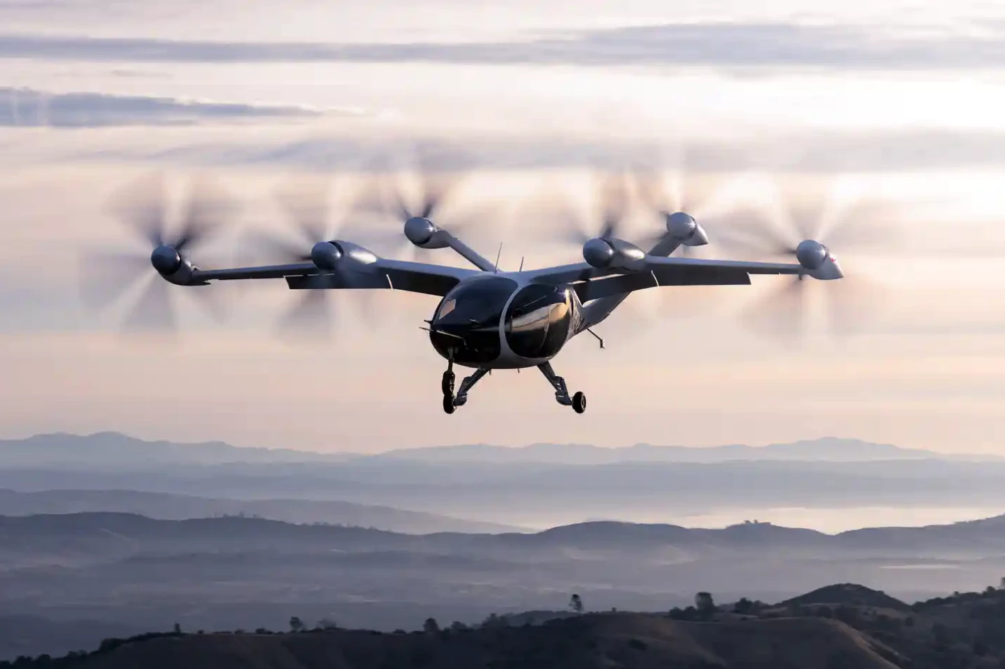 Joby Aviation's five-seat, six-rotor transitioning eVTOL air taxi in flight