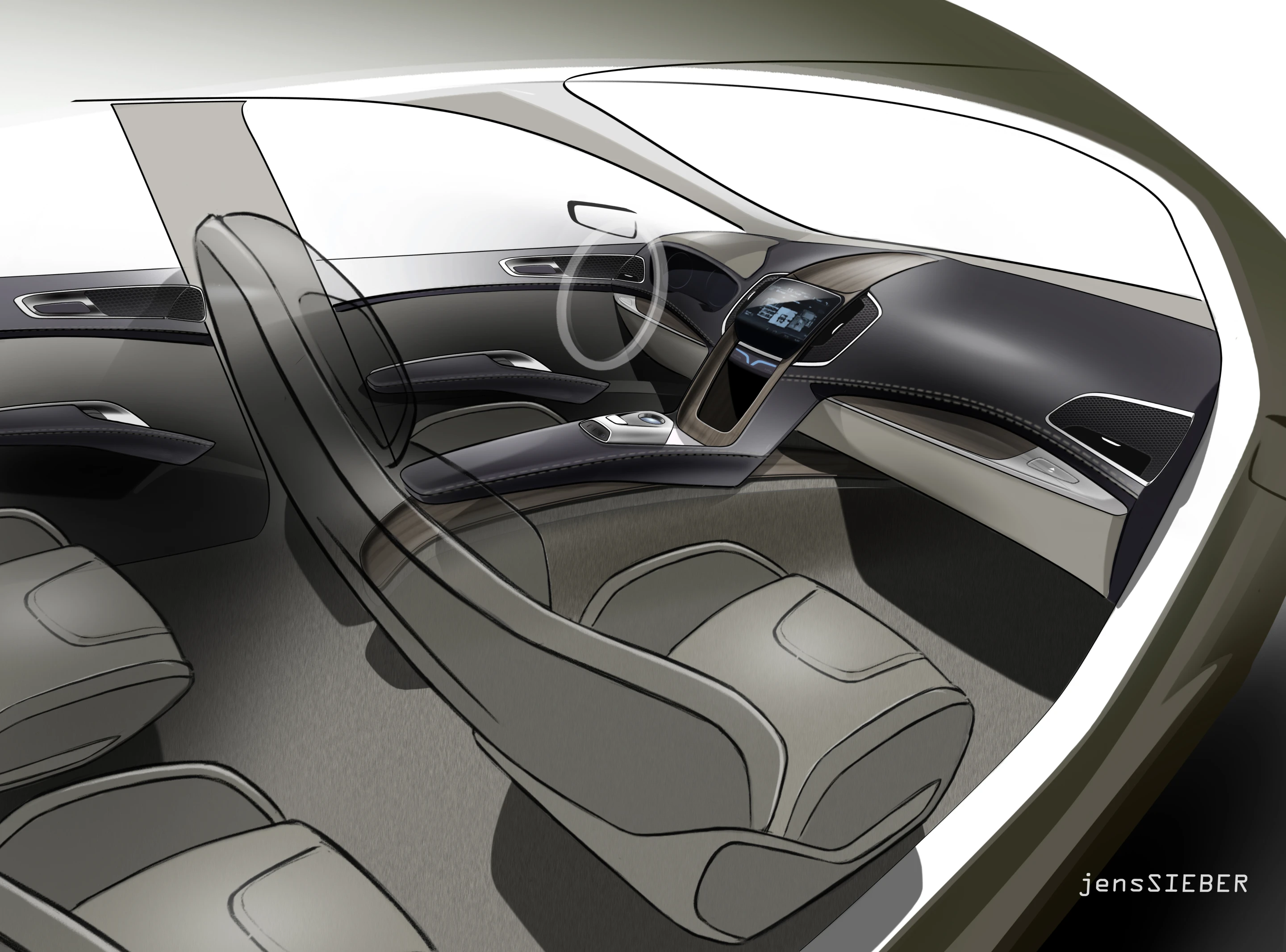 The Ford S-Max Concept color sketch of the dashboard