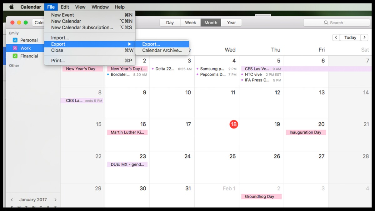 Exporting from the desktop version of Apple's Calendar app