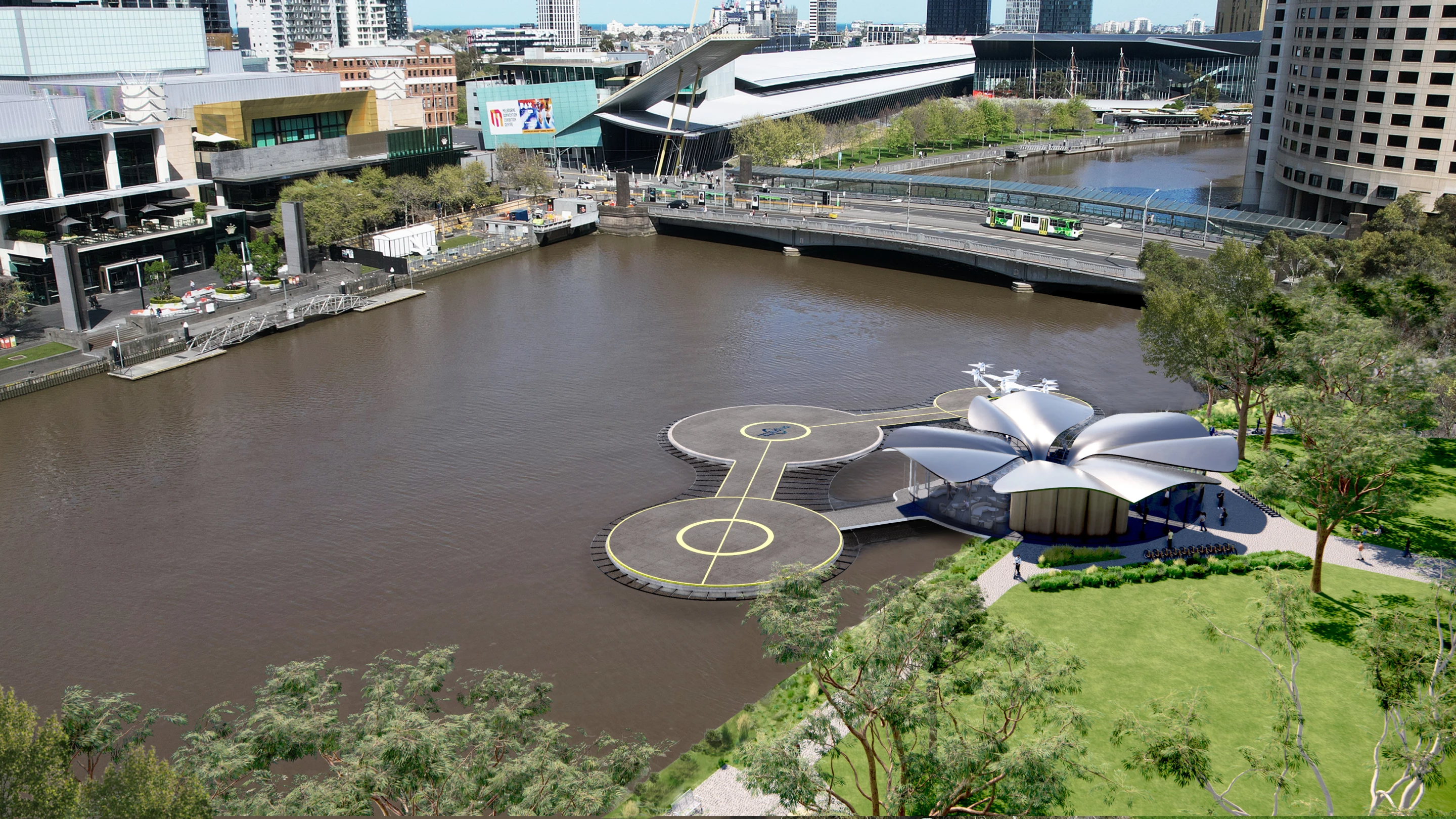 In addition to its primary use for eVTOLs, the Batman Park vertiport is envisioned as a hub for electric scooters and bikes, as well as ferries, hire boats and a cafe