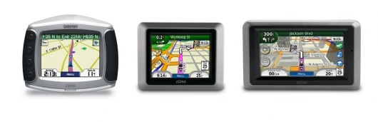 The Garmin Zumo 220 (center) is the smallest and lightest unit in the Zumo family (Zumo 550, left; Zumo 665, right)