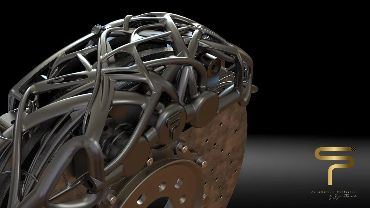 The alien, organic shapes of the "anadiaplasi" process. This is a close-up on the brake caliper design