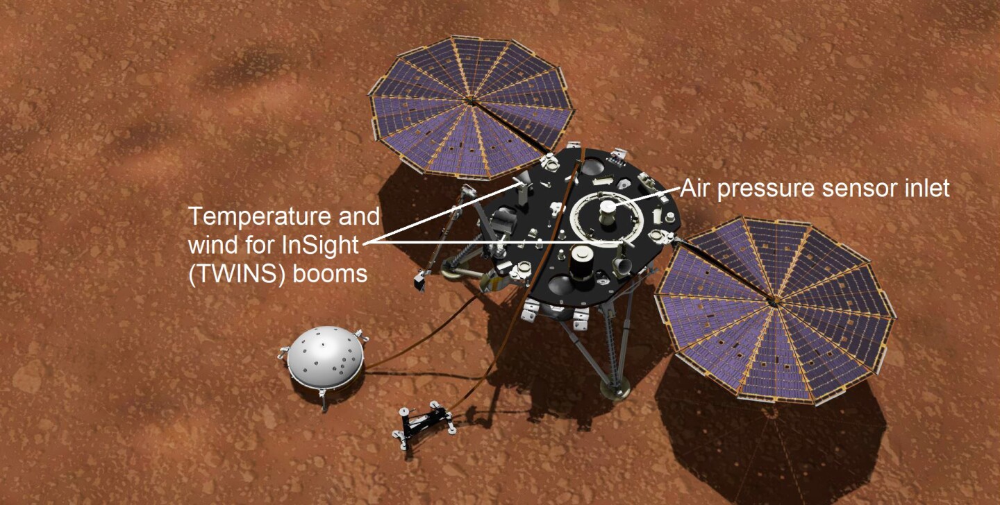 Artist's concept shows NASA's InSight lander with its instruments deployed on the Martian surface