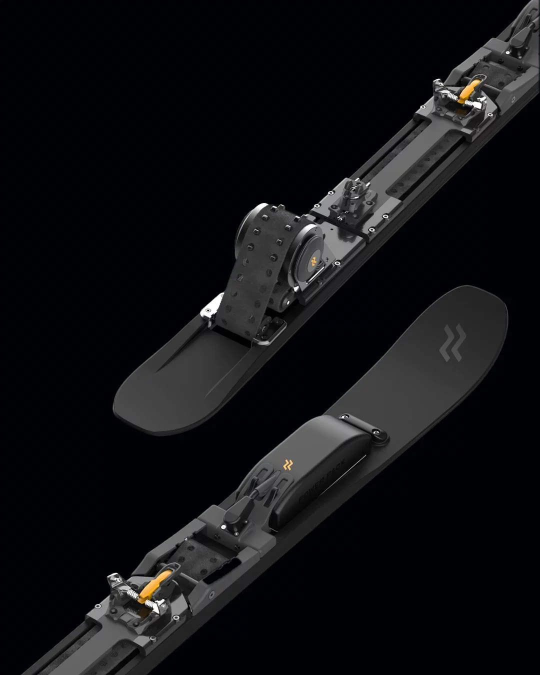Each of the two skis in the setup features a removable 20-Nm (15-lb-ft) gearless hub motor, a 220-Wh lithium battery, and a splittable snowmobile-like rubber tread which is threaded through the body of the ski