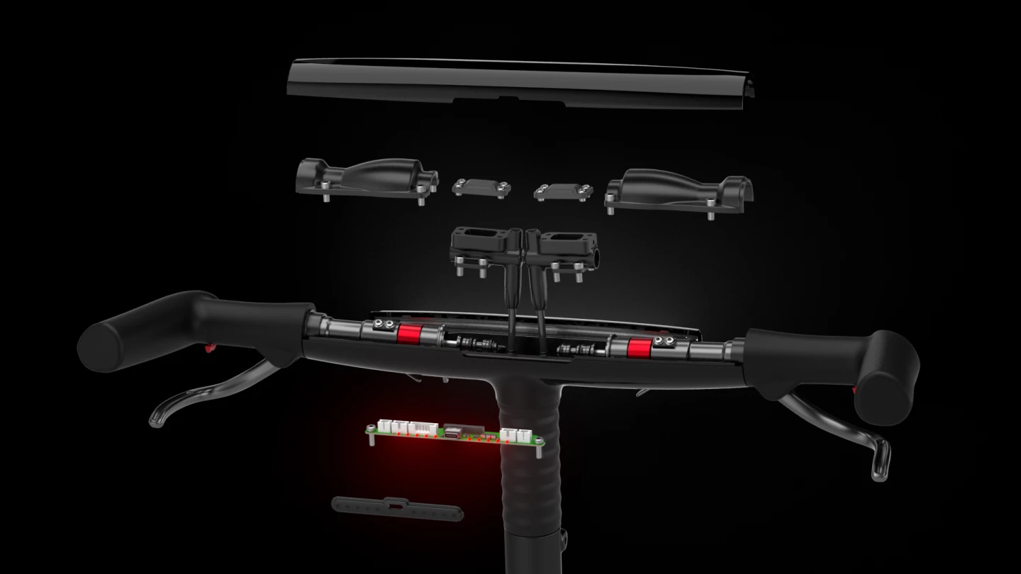 The FloFit handlebar boasts adjustable reach, height and grip angle