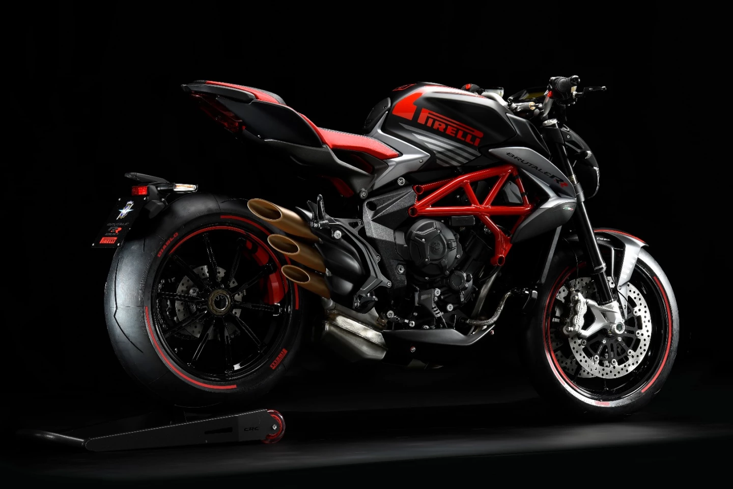 The three end tubes of the exhaust are a signature feature of every three-cylinder MV Agusta, including the Brutale 800 RR Pirelli