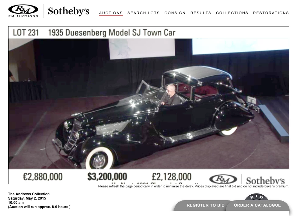 The 1935 Duesenberg SJ Town Car by Bohman & Schwarzon its way to a price of $3,630,000 as viewed through the live RM-Sotheby's web interface. All RM-Sotheby's auctions can be viewed live on the internet.