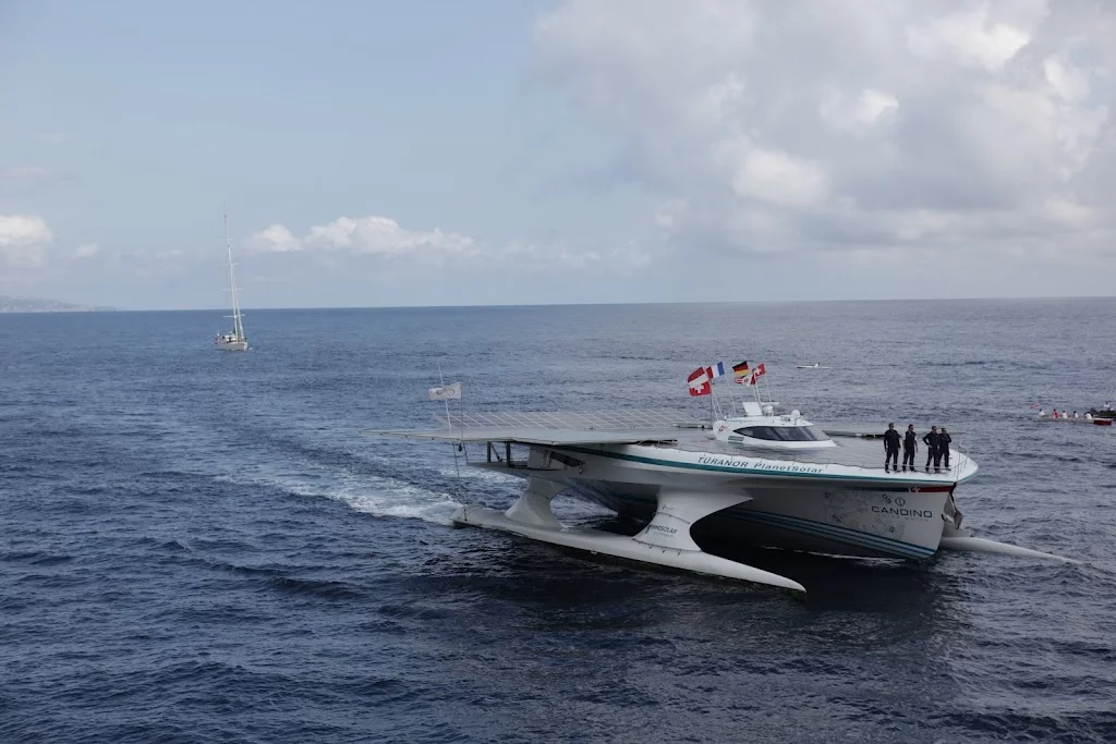 The TURANOR PlanetSolar, as it enters Monaco's Hercule Harbor