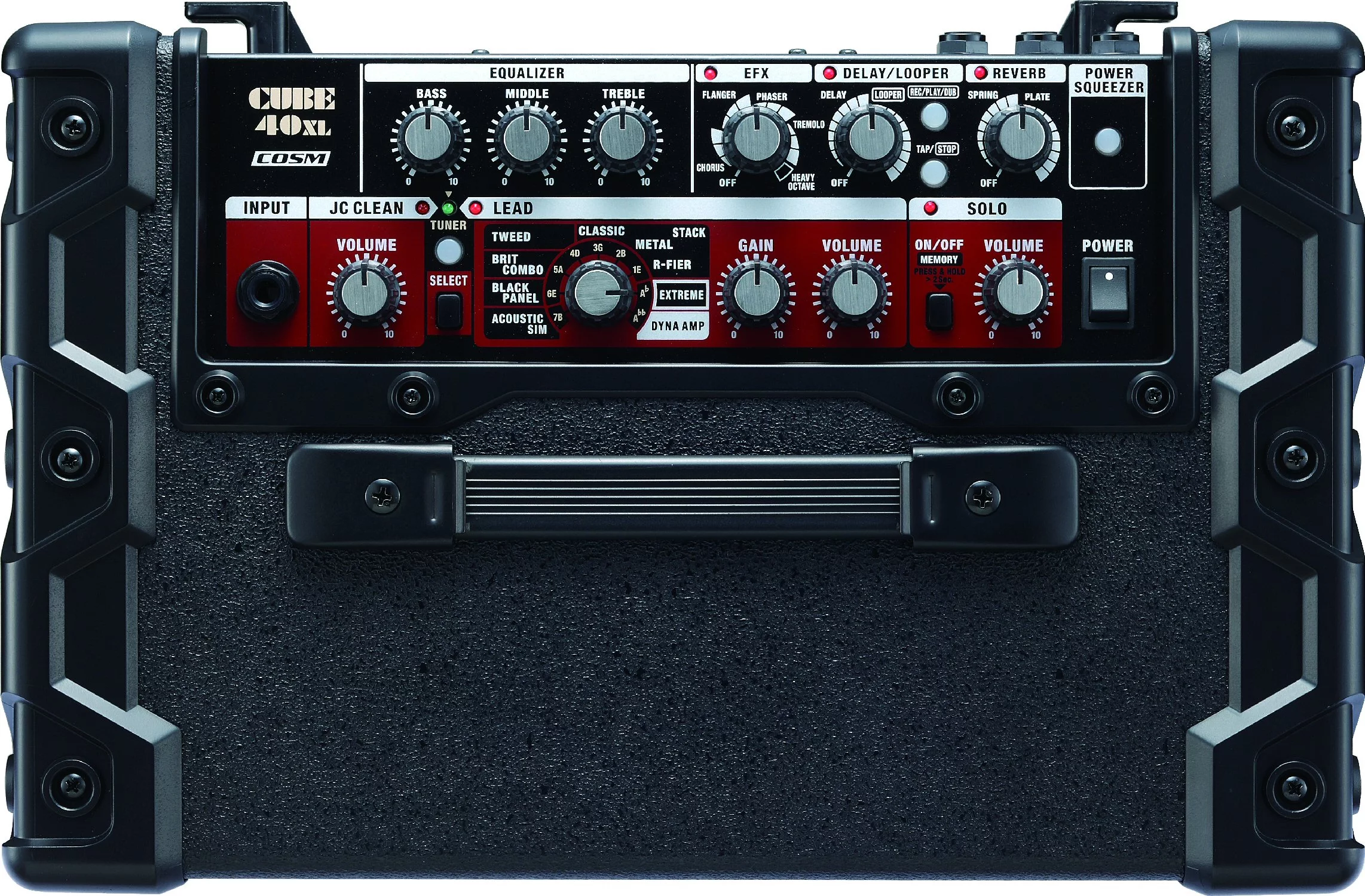 The top of the Cube 40XL, showing the JC Clean, Lead and Solo channels, Spring or Plate reverb and Power Squeezer