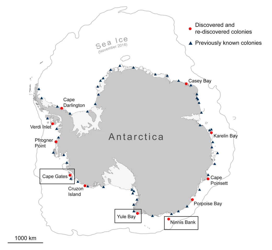 Locations of new and previously known emperor penguin colonies