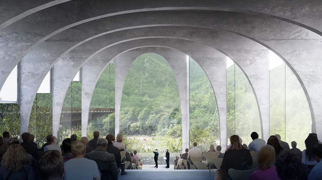 The S.Pellegrino Flagship Factory is described as a homage to the classic elements of Italian architecture by BIG