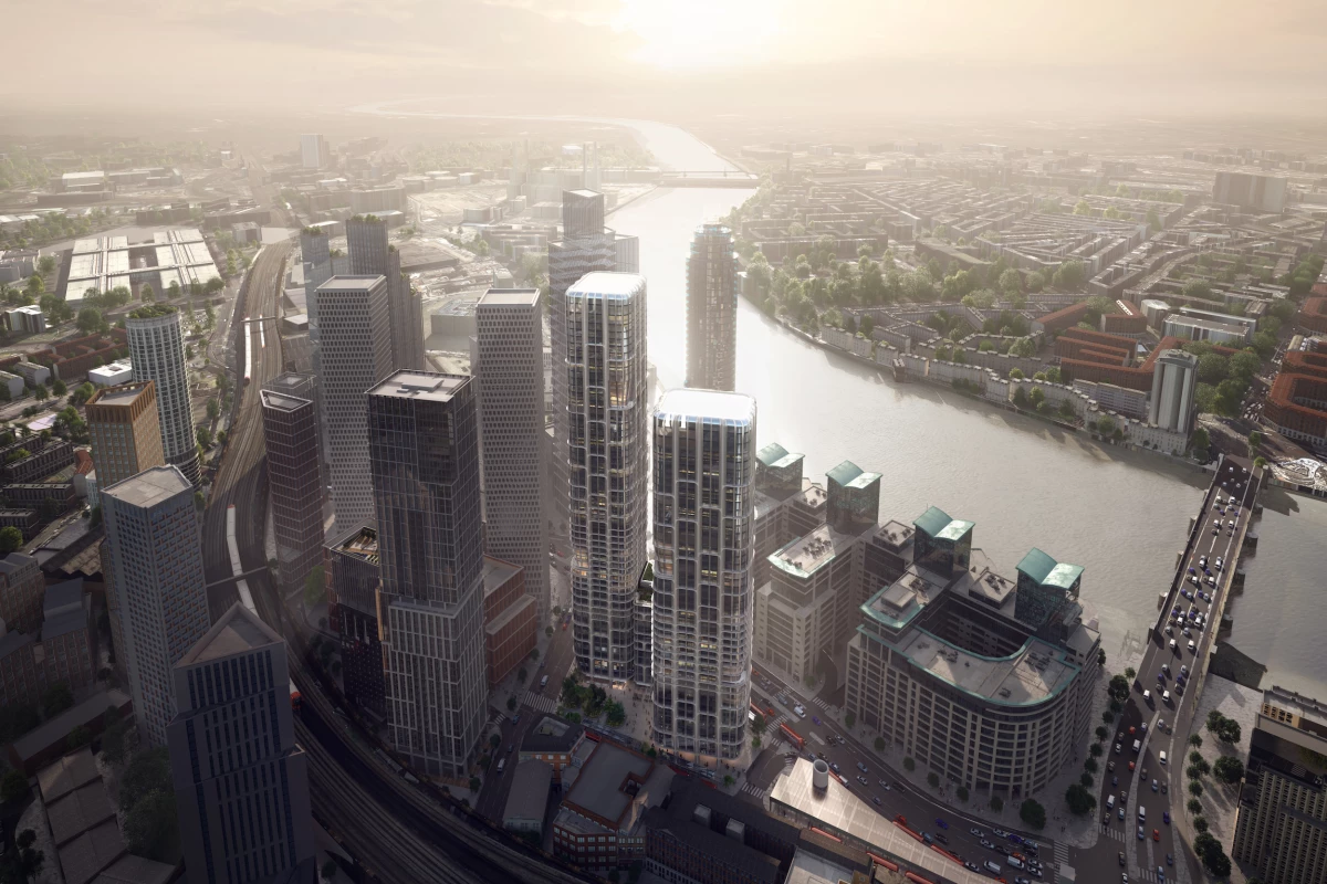 Vauxhall Cross Island will include two eye-catching skyscrapers that are defined by an interesting grid-like facade and joined by a podium building