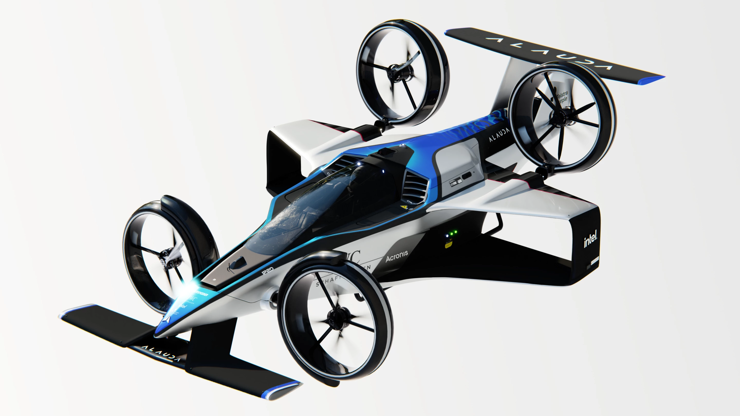The Airspeeder Mk4's four pairs of shielded rotors are mounted to 3D-printed gimbals, which are adjusted for take-off and forward flight by an AI flight controller