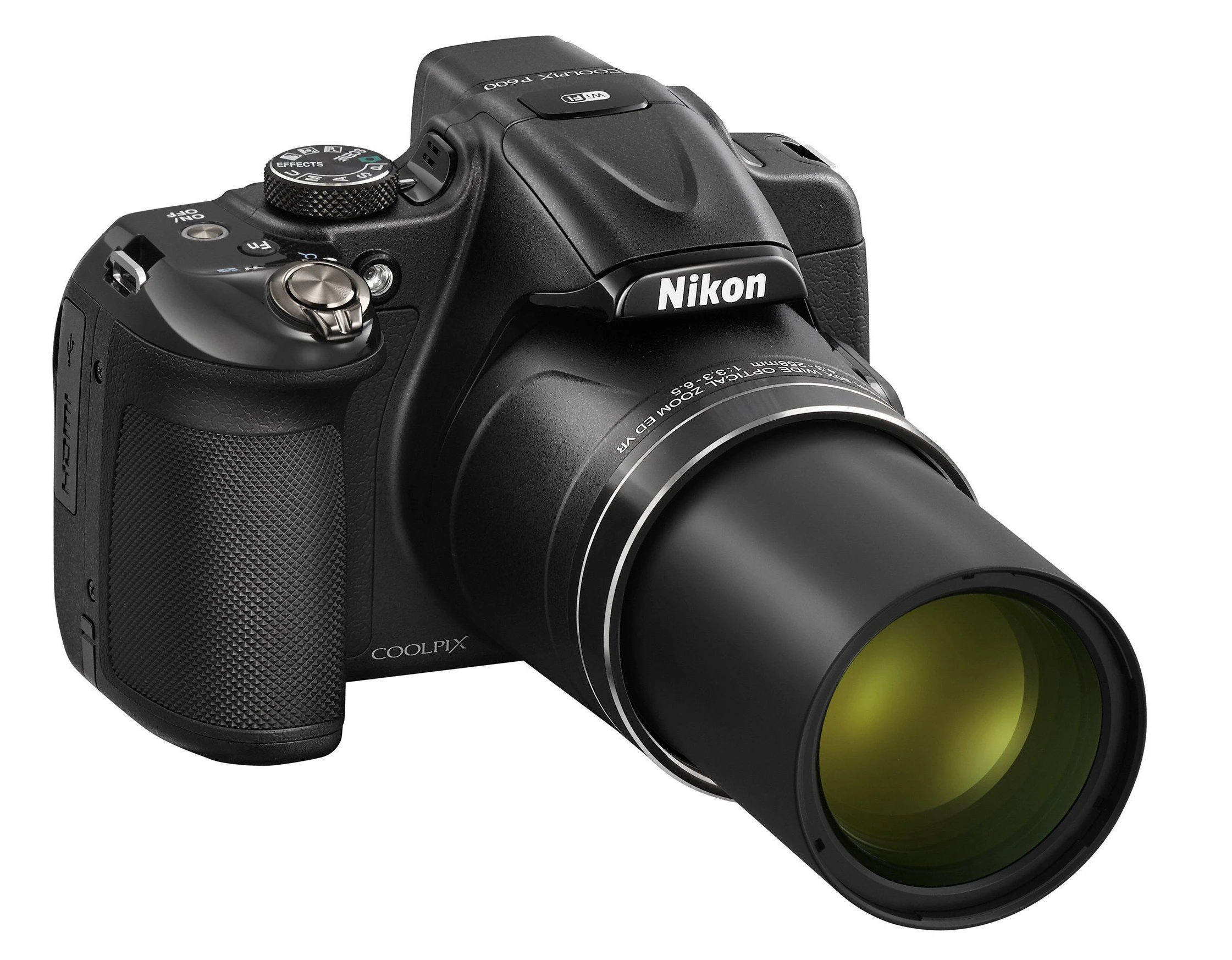 The Nikon Coolpix P600 is a bridge-style super-zoom which has a F3.3-F6.5 60x optical zoom giving the equivalent of 24-1440-mm 35-mm-format