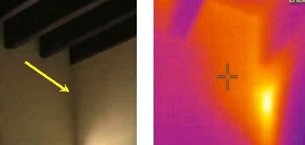 Left: looks like an ordinary wall to the naked eye. Right: but the heat signature shows significant termite activity.