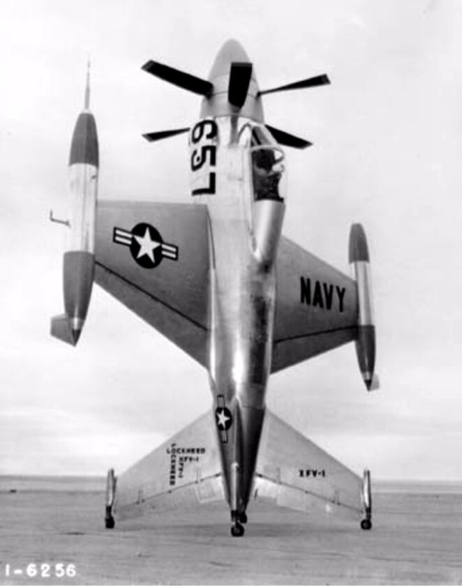 The Northrop Grumman Tern would take off from a tail-down position similar to this Lockheed XFV experimental VTOL aircraft from the 1950s