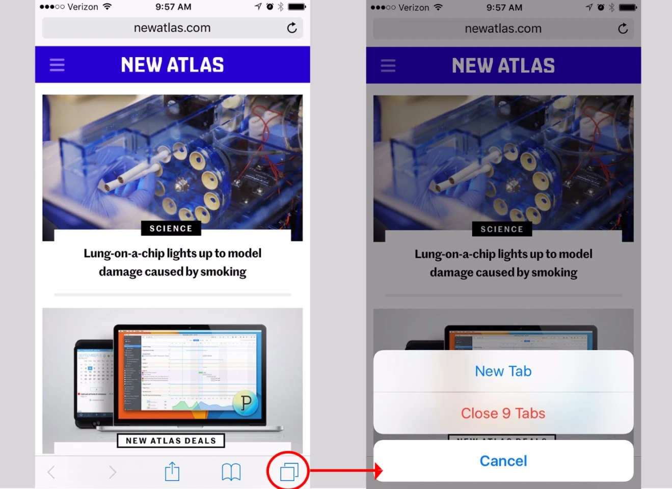 Press & hold the Tabs icon to close all Safari tabs at once