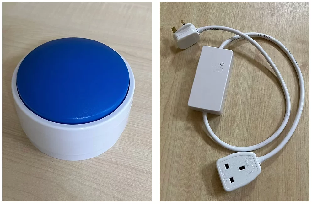 The button contains a transmitter, which wirelessly communicates with a receiver (right) that any device can be plugged into