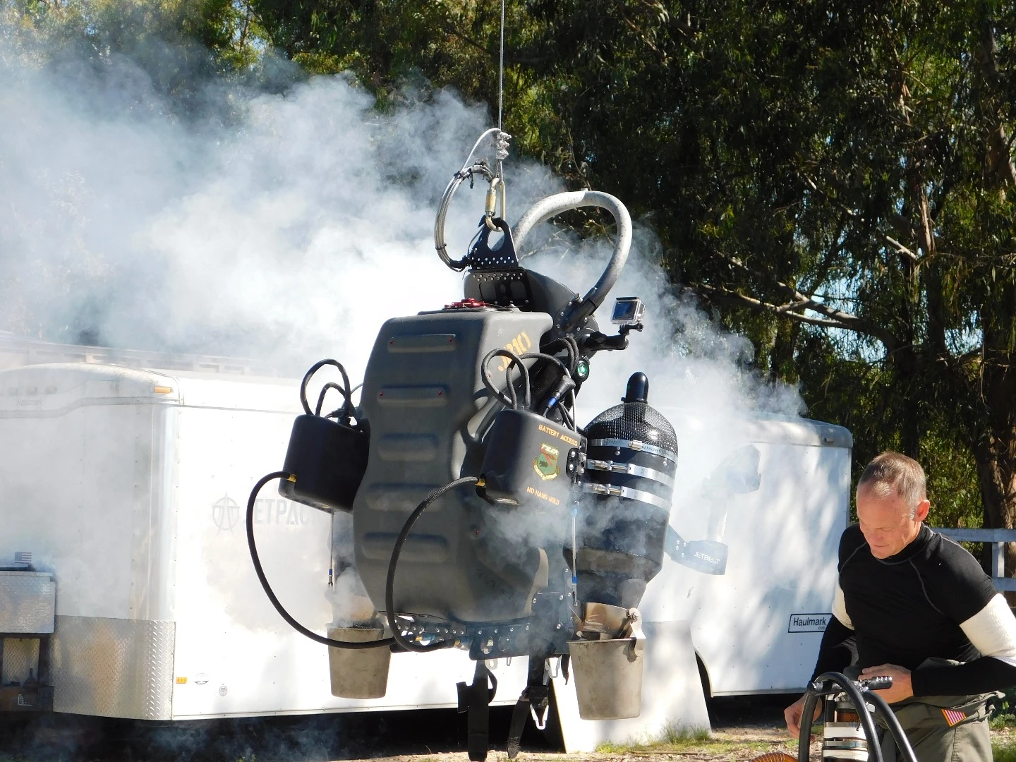 The JB-10 Jetpack from Jetpack Aviation in cool down mode following a demonstration flight