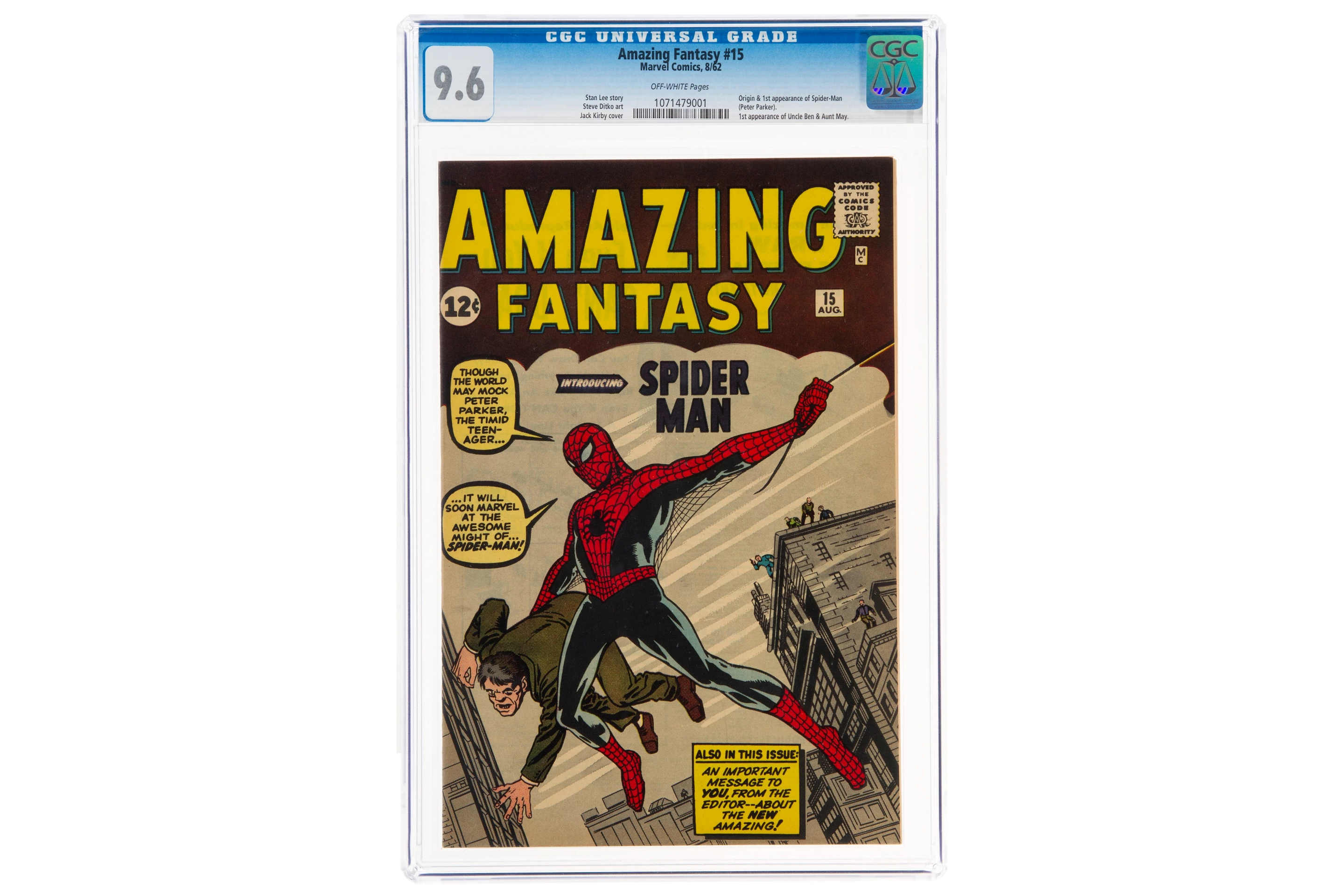 This copy of "Amazing Fantasy #15" (Marvel, 1962) was the first appearance of Spider-Man. It sold for $3,600,000 at Heritage Auctions on 9 September 2021, deposing Action Comics #1 as the world's most valuable comic for the first time in history.