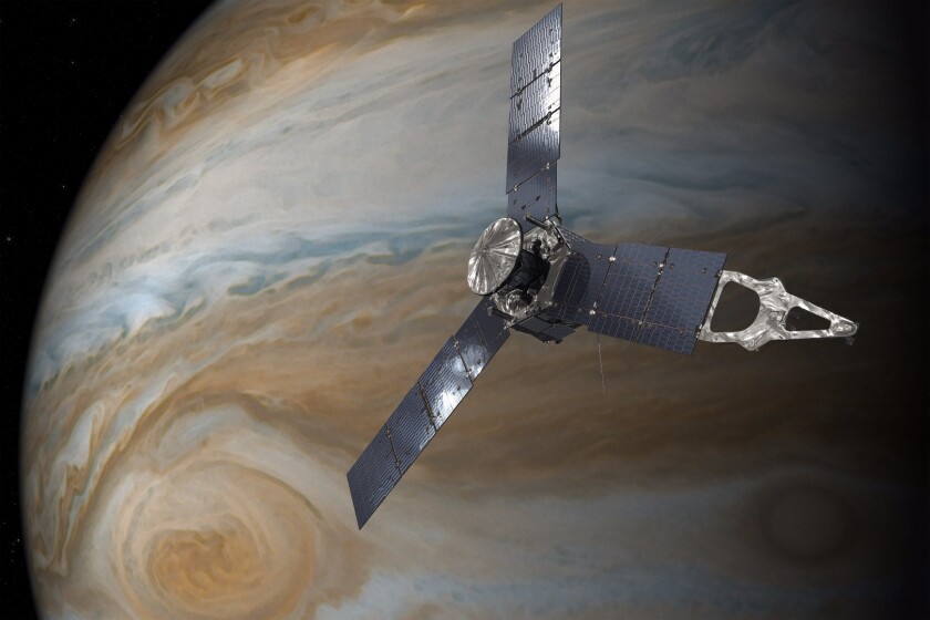 Illustration depicting NASA's Juno spacecraft in orbit above Jupiter’s Great Red Spot