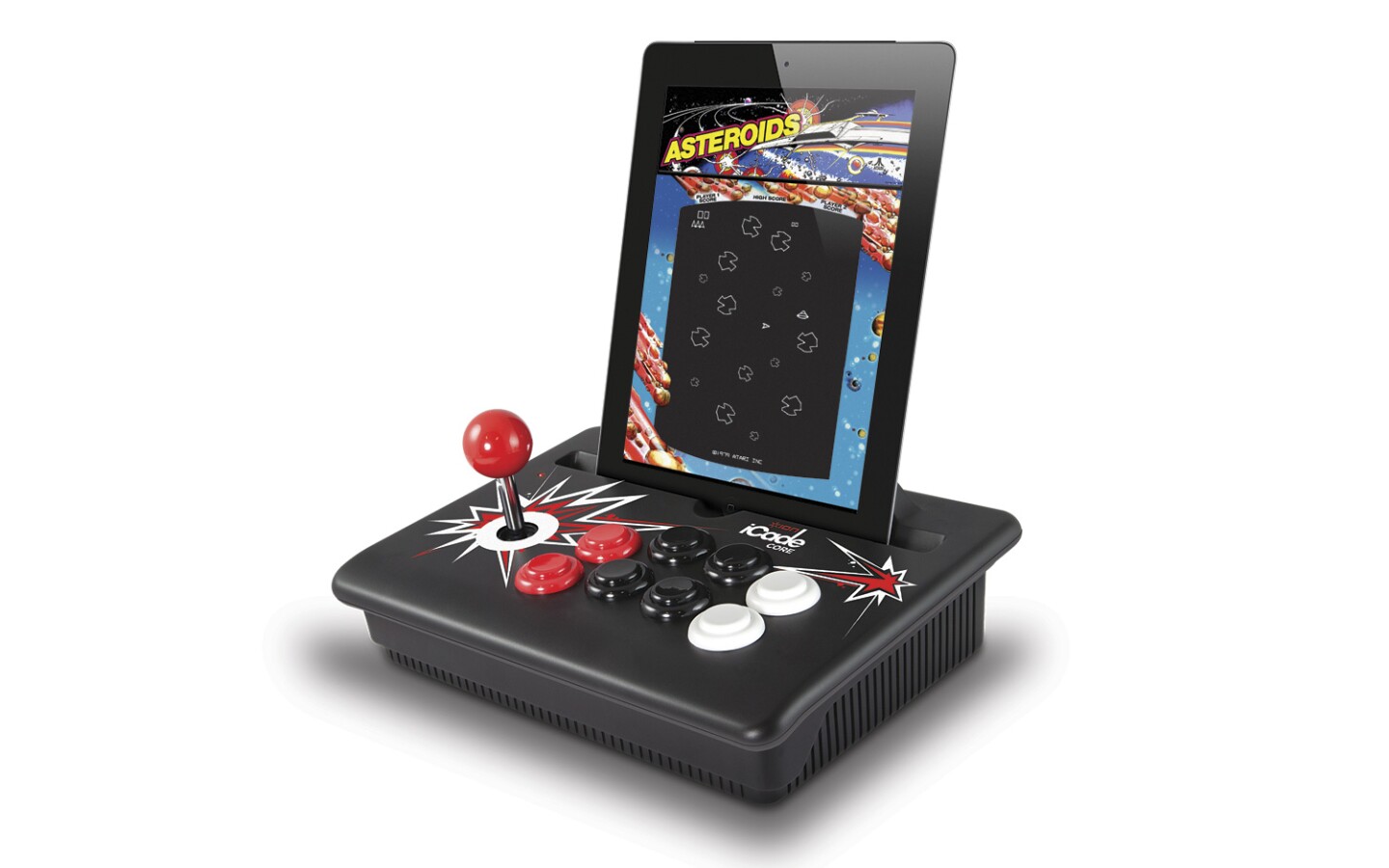 The iCade Core features a specially designed cradle for Apple's tablet (as well as the iPhone or iPod Touch), with a custom-designed pass-through slot for charging the device with a standard 30-pin cable