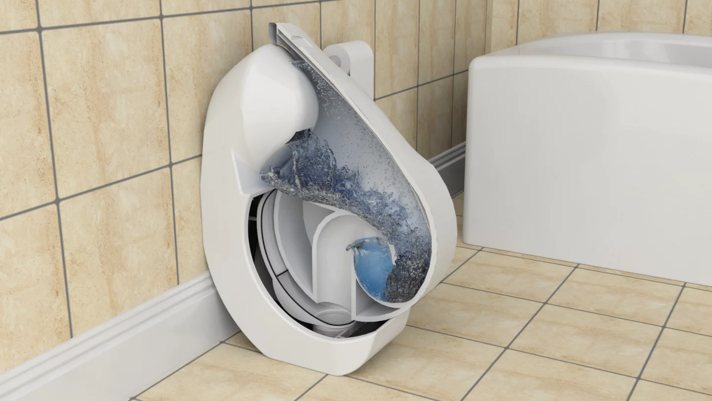 The flushing mechanism is activated by folding the toilet into the upright position