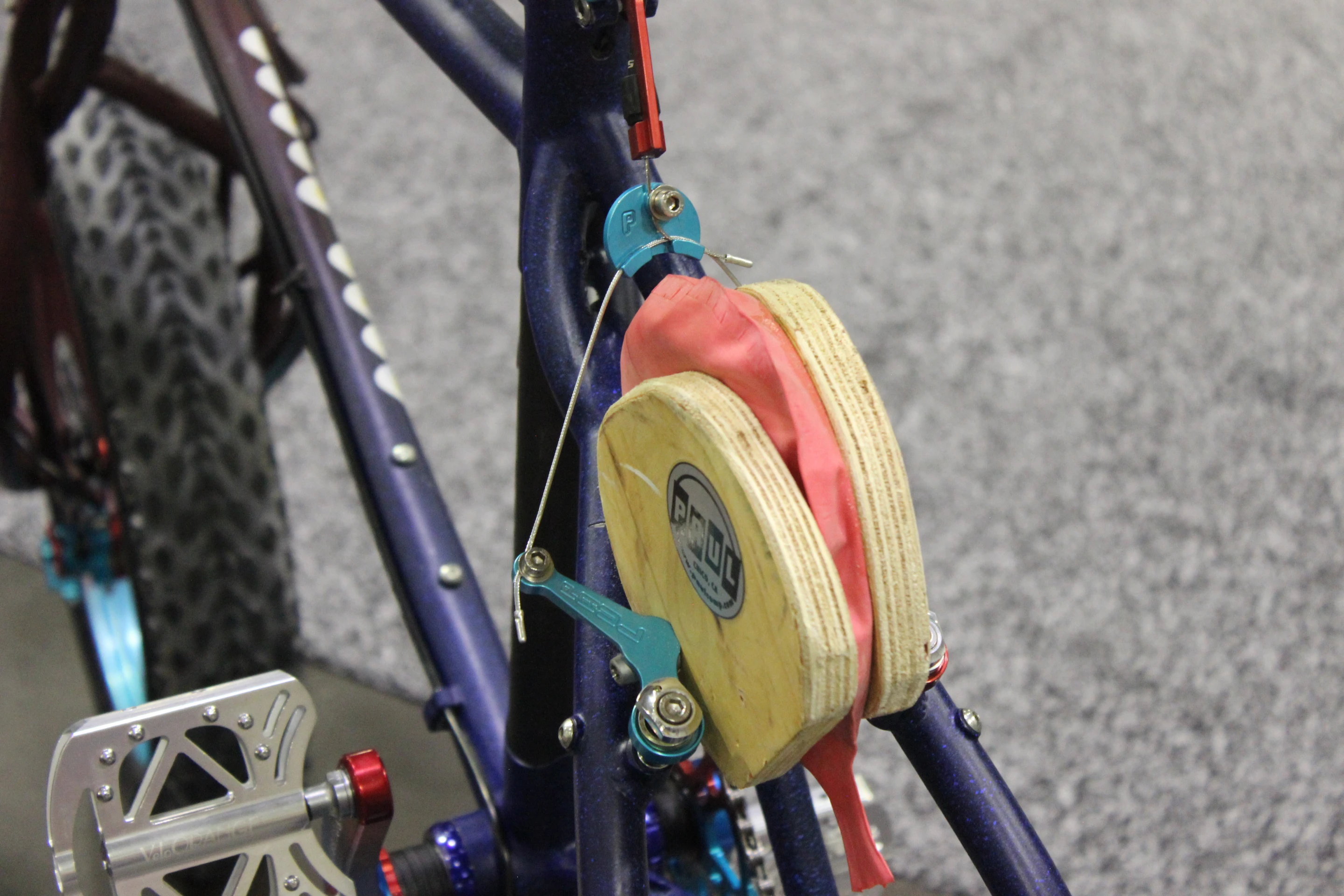 The Pubesmobile's rear cantilever brake squeezes a whoopee cushion